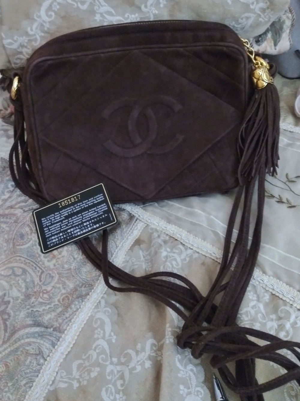 CHANEL Dark Brown Suede Quilted Crossbody with Tassel and Gold Charm